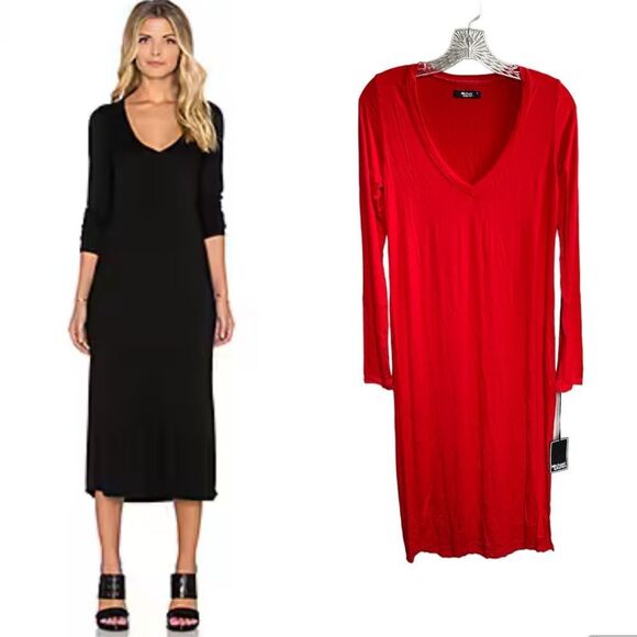 NWT Michael Lauren Red Rivera V-Neck Midi Jersey Dress Long Sleeve Sleek Comfy S - Picture 12 of 12
